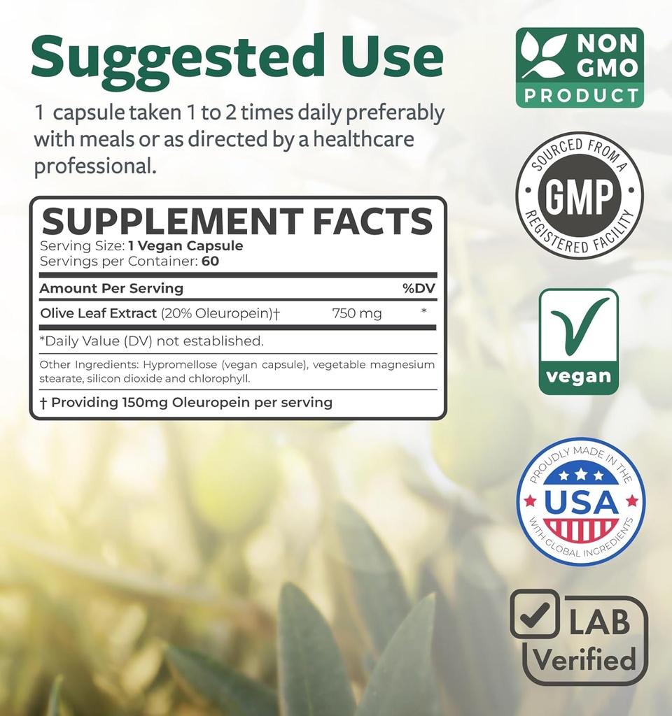 Super Strength Olive Leaf Extract Capsules - Vegan Non-GMO 750mg Olive Extract with 20% Oleuropein Antioxidant Supplement for Immunity Skin and Heart Health Support - Made in The USA (2 Month Supply) 5