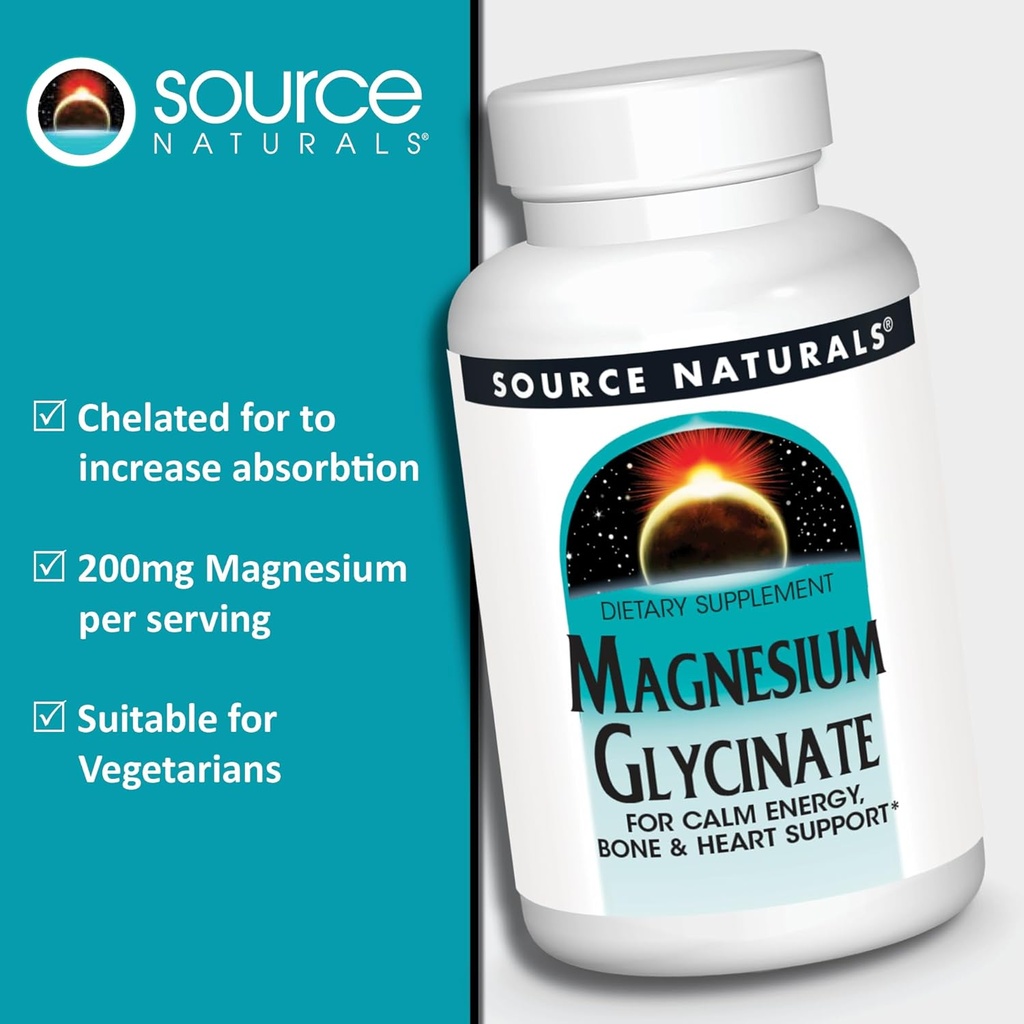 Source Naturals Magnesium Glycinate, Chelated for high Absorption | for Calm Energy, Bone & Heart Support*, 200 mg per Serving - 120 Tablets 5