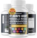 St. John's Wort Rhodiola Rosea Ashwagandha Holy Basil Valerian Chamomile Black Pepper -150 Capsules- Made in USA 2