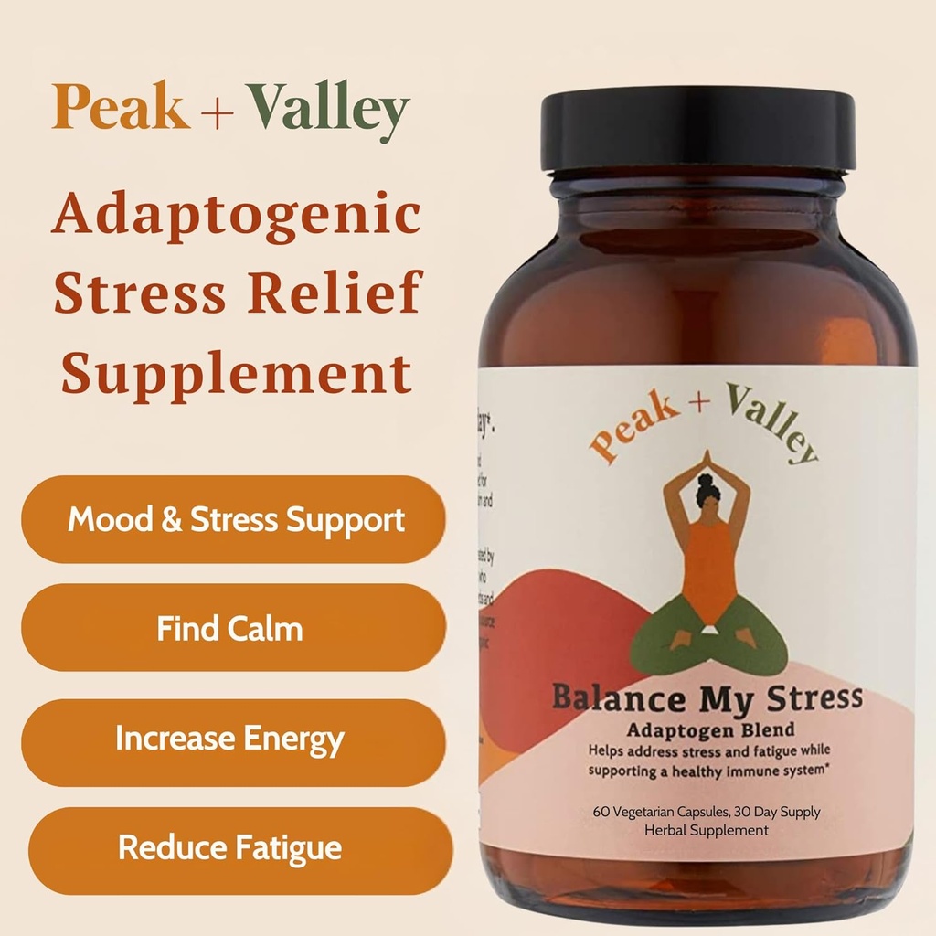 Peak + Valley Stress Relief Supplement for Mood Support Balance My Stress Capsules - Contains Adaptogens, Ashwagandha, Eleuthero Root, Reishi Mushroom Supplement - Natural Mood Stabilizer - 60 Ct 4