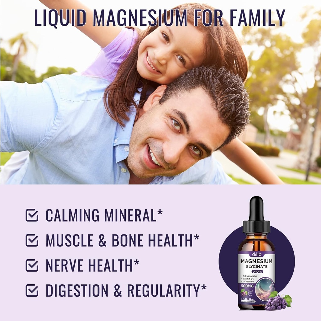 Magnesium Glycinate Liquid Drops 500mg, with Vitamin B6, Ashwagandha, L - Theanine, Chamomile, Magnesium Glycinate Supplement High Absorption for Sleep, Stress, Energy, Mood - Grape Flavor, 2 FL.OZ 3