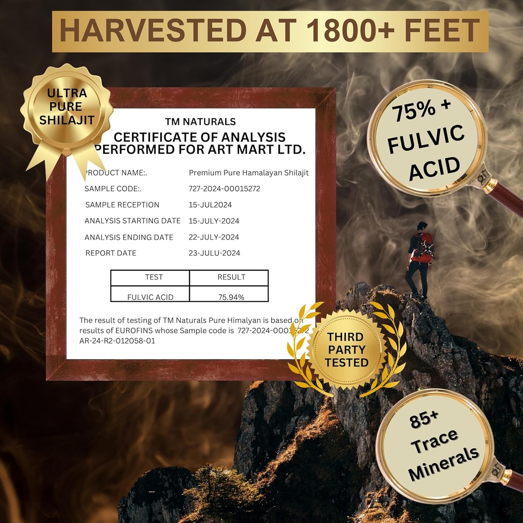 Shilajit Resin - 75% Fulvic Acid, 85+ Trace Minerals, Supports Vitality & Stamina - Includes Steel Spoon, 30g, Lab Tested for Purity 5