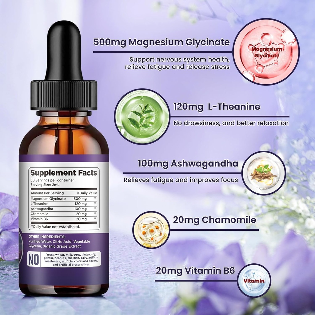 Magnesium Glycinate Liquid Drops 500mg, with Vitamin B6, Ashwagandha, L - Theanine, Chamomile, Magnesium Glycinate Supplement High Absorption for Sleep, Stress, Energy, Mood - Grape Flavor, 2 FL.OZ 5