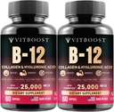 B12 Methylcobalamin with Hyaluronic Acid, Collagen, and Folate – 25000 mcg Supplement Enhance Absorption & Boost Energy | Gluten-Free, Made in USA, B1, B2, B3, B6, B7 Complex - Pack of 2 2