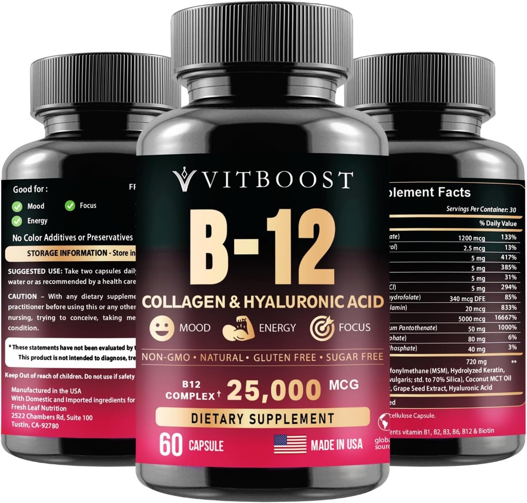 B12 Methylcobalamin with Hyaluronic Acid, Collagen, and Folate – 25000 mcg Supplement Enhance Absorption & Boost Energy | Gluten-Free, Made in USA, B1, B2, B3, B6, B7 Complex - Pack of 2 3