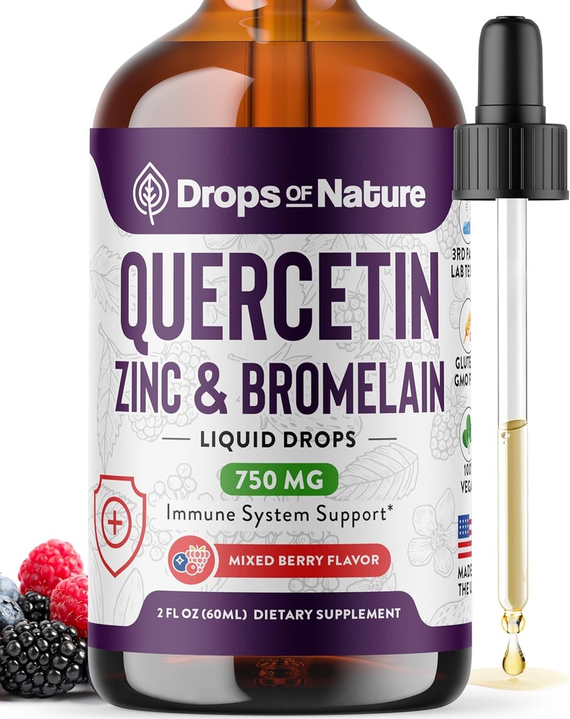 Quercetin with Bromelain & Zinc (5mg) Liquid Drops – Immune Support for Adults & Kids – Ultra-Concentrated Bioflavonoids – Immune Defense – Cellular Health – Vegan, Non-GMO, Gluten Free – 2 Fl Oz 2