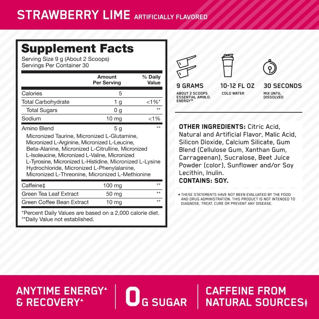 Optimum Nutrition Amino Energy - Pre Workout with Green Tea, BCAA, Amino Acids, Keto Friendly, Green Coffee Extract, Energy Powder - Strawberry Lime, 30 Servings (Packaging May Vary) 3