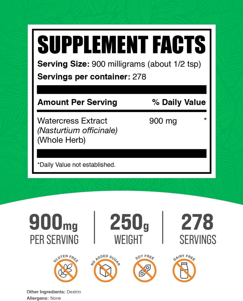 BulkSupplements.com Watercress Extract Powder - Nasturtium Officinale Extract, Watercress Powder - Gluten Free, 900mg per Serving, 100g (3.5 oz) (Pack of 1) 3
