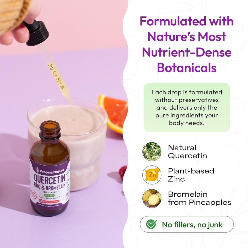 Quercetin with Bromelain & Zinc (5mg) Liquid Drops – Immune Support for Adults & Kids – Ultra-Concentrated Bioflavonoids – Immune Defense – Cellular Health – Vegan, Non-GMO, Gluten Free – 2 Fl Oz 6