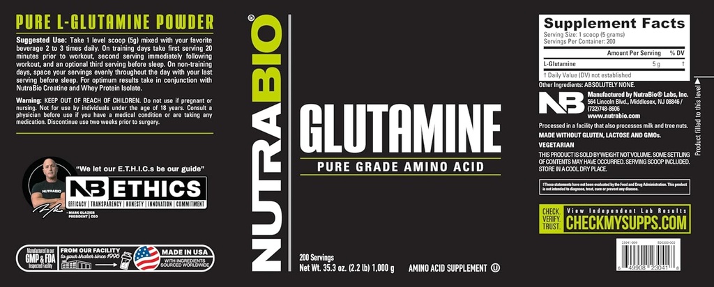 NutraBio Pure L-Glutamine Powder - L-Glutamine Supplement- Amino Acid - Pure Grade: Absolutely no Additives, Fillers or Excipients! - Muscle Recovery Supplement - (1000 Grams) 5