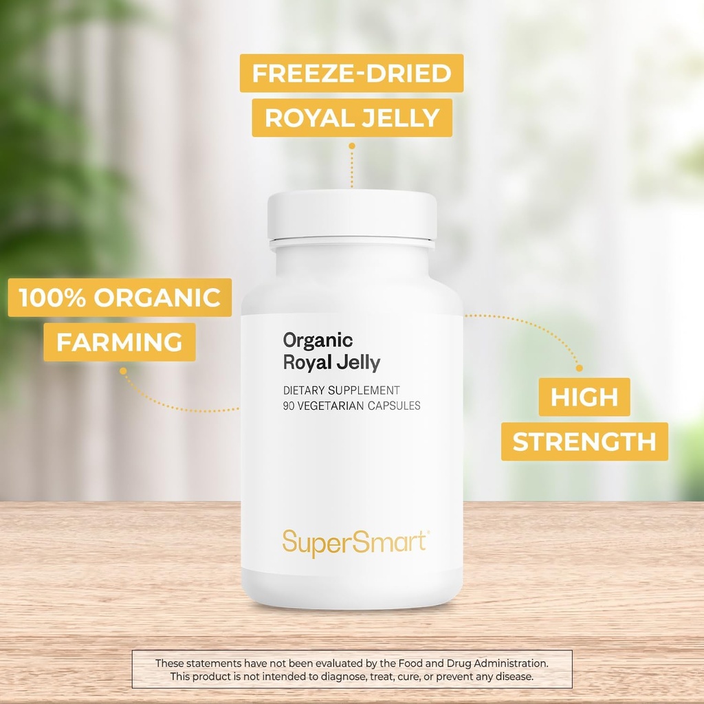 Supersmart - Organic Royal Jelly 300mg per Day (High Strength 4% 10-HDA) - Freeze-Dried Fresh Royal Jelly Supplement | Non-GMO & Gluten Free - 90 Vegetarian Capsules 4