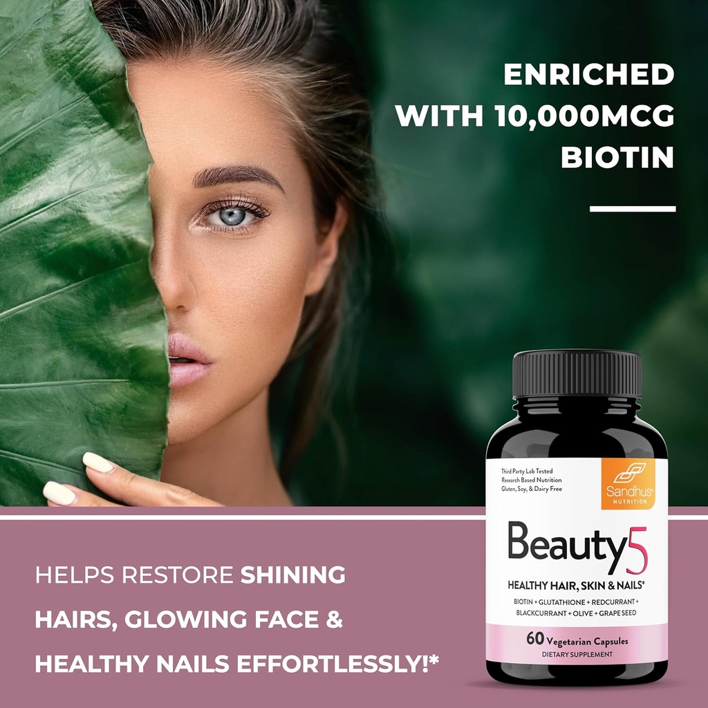 Sandhu's Beauty5 Capsules|60 Vegetarian Capsules| 30 Servings|Skincare Supplement| Supplement for Hair, Skin & Nail- Supports Collagen Synthesis| Keto & Vegan Friendly 5