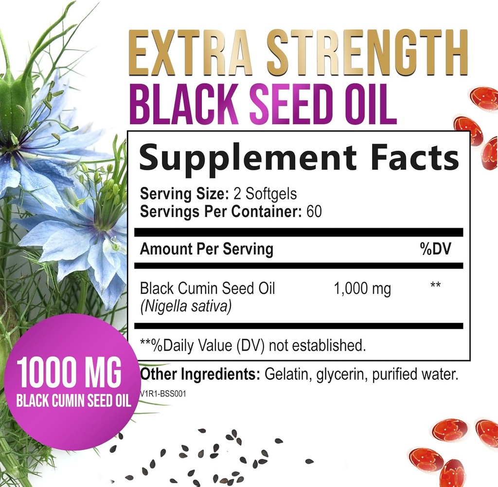 Black Seed Oil 1000mg - Premium Extra Strength Nigella Sativa Blackseed Oil - Black Seed Oil Skin, Digestive Health & Immune Support - Non-GMO Antioxidant, Gluten Free Supplement - 120 Softgels 3