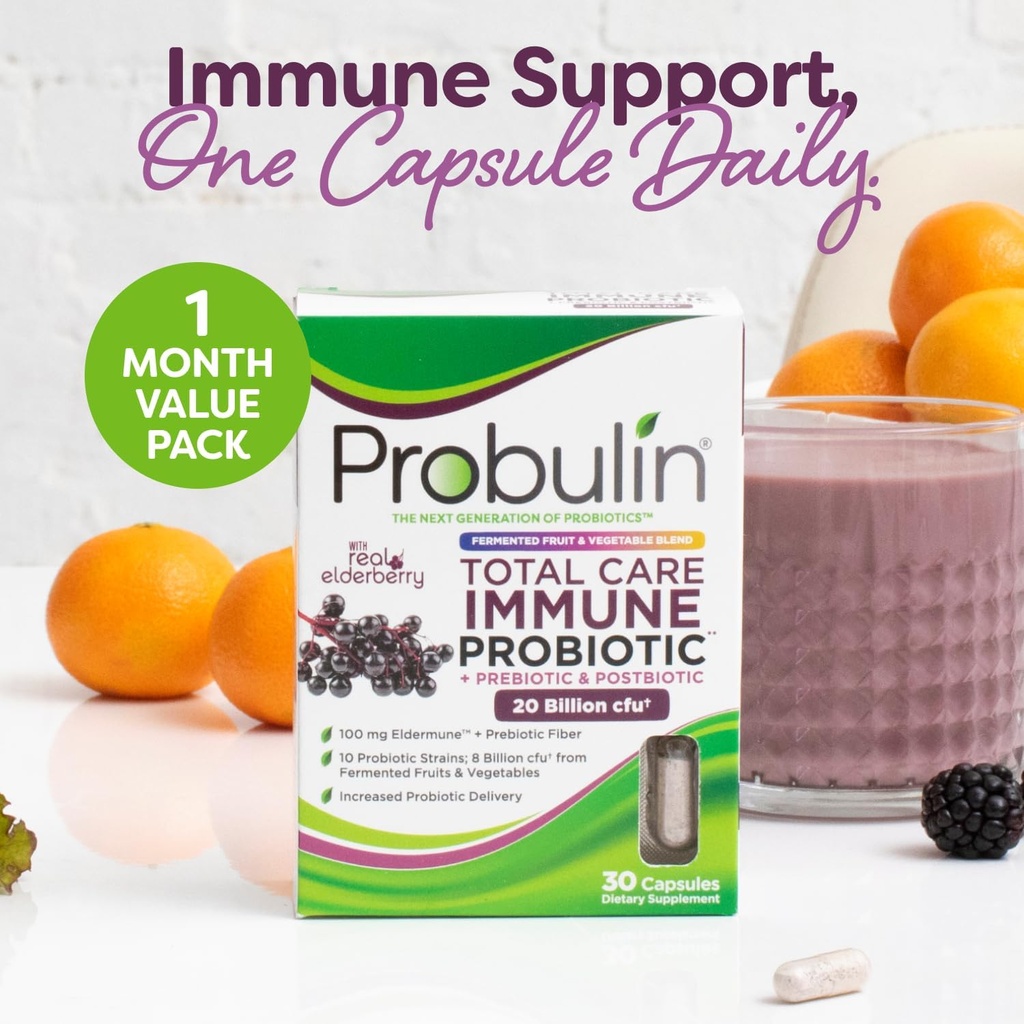 Probulin Total Care Immune = Prebiotics + Probiotics + Postbiotics + Elderberry to Support Immune & Gut Health - 20 Billion CFU - 10 Probiotic Strains, 30 Vegan Capsules 5