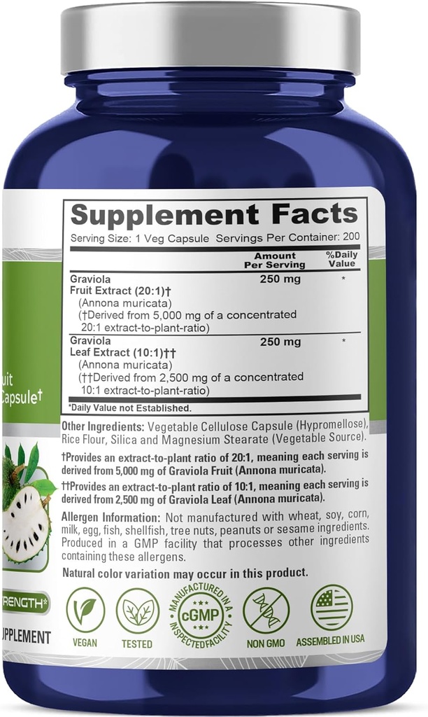 NusaPure Graviola 20:1 & 10:1 Extract, 250 mg Equivalent to 7,500 mg per caps 200 Veggie (Vegan, Non-GMO) 3