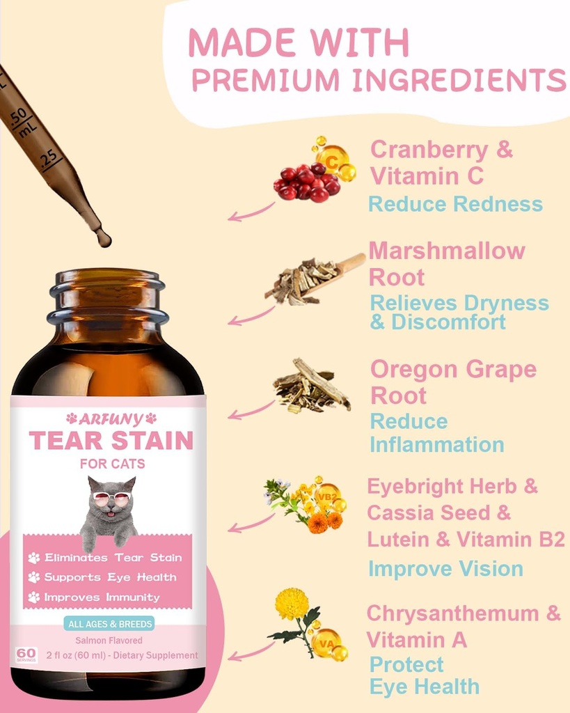 Tear Stain Supplement for Cat - Prevent and Eliminate Cats Tear Stains - Eye Health, Immune System Support - with Cranberry, Marshmallow, Vitamins - Salmon Flavor, 60ML 4