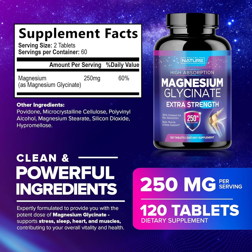 Magnesium Glycinate 250mg - High Absorption Chelated Magnesium Supplement - 100% Pure Magnesium Glycinate - Stress, Sleep, Heart, and Muscle Health Support - Non-GMO, Vegan, Gluten-Free (120 Tablets) 3