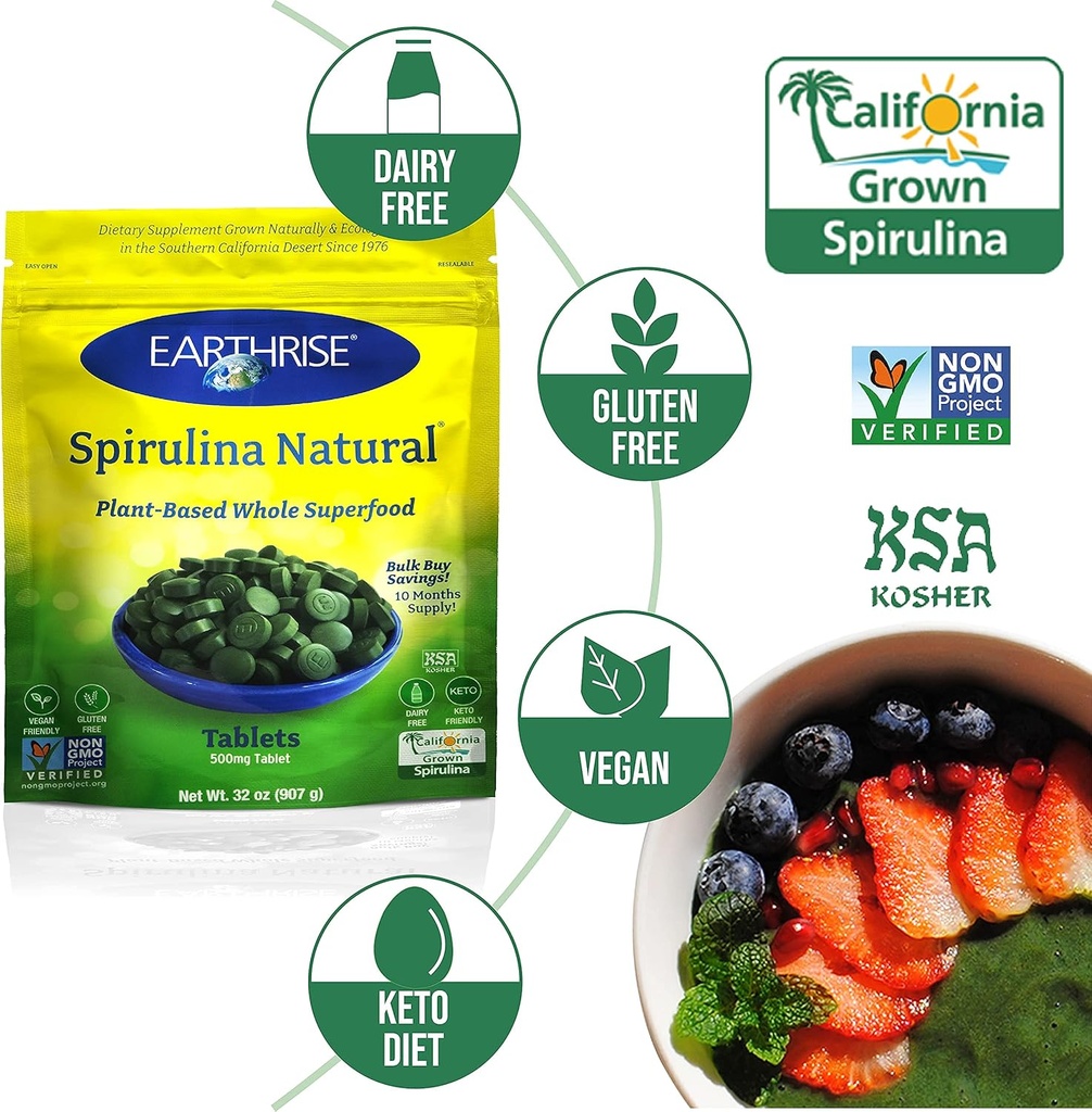 Earthrise Spirulina, Pure Californian Spirulina 500 mg, Vegan, Gluten Free, Keto Friendly, Non -GMO Super Food high in Vitamins & Minerals, 2LB Tablets (300 Serving) 5