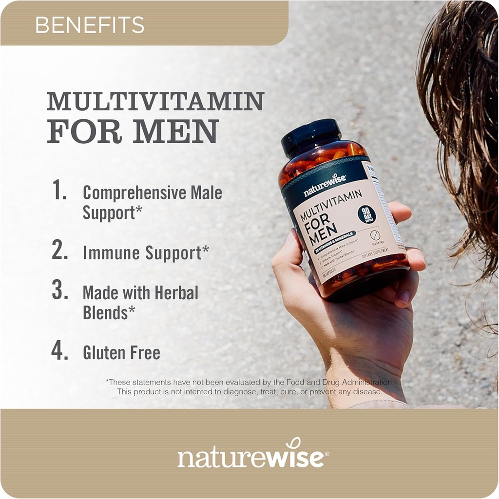 NatureWise Multivitamin for Men - Daily Male Support - Minerals & Herbs for Energy, Performance, Immunity - with Vitamin A, C, D, B-Complex - Soy & Gluten-Free, Non-GMO - 180 Capsules[3-Month Supply] 3
