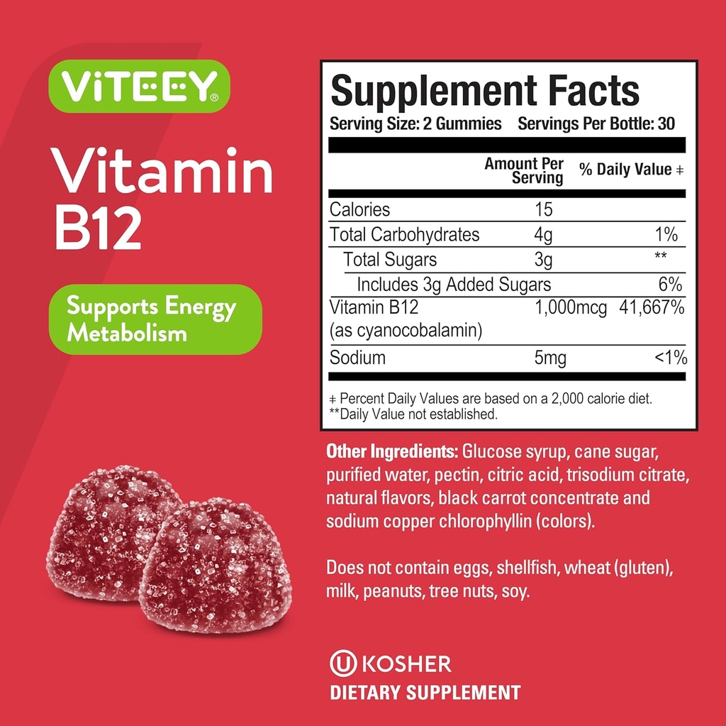 Viteey Vitamin B12 Gummies - Cognitive Support and Energy Gummies - Vegan, Gelatin Free, Gluten Free - 60 Count 5