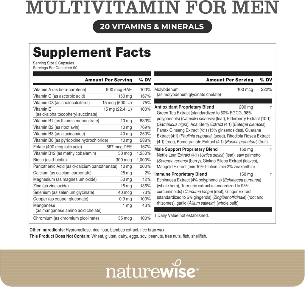 NatureWise Multivitamin for Men - Daily Male Support - Minerals & Herbs for Energy, Performance, Immunity - with Vitamin A, C, D, B-Complex - Soy & Gluten-Free, Non-GMO - 180 Capsules[3-Month Supply] 4