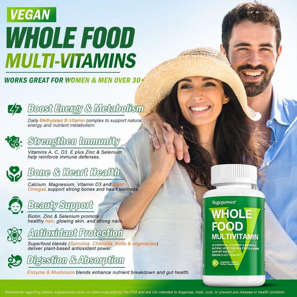 Vegan Whole Food Multivitamin for Men, Methylated Multivitamin for Men and Women, Organic Fruit and Veggies Supplement, Herb & Mushroom Blend, Plant Omegas, All Natural, Non-GMO, 180 Count 3