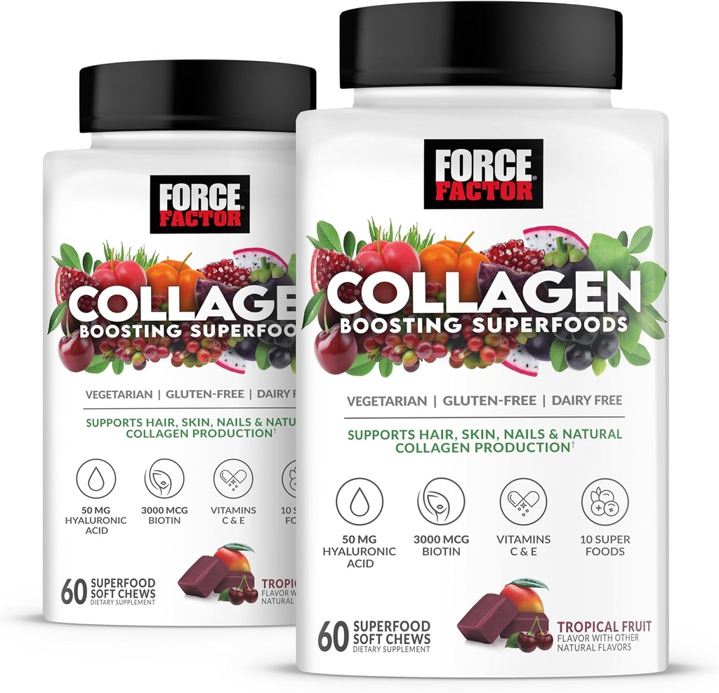 FORCE FACTOR Collagen Boosting Superfoods, Vegan Collagen Booster for Women, With Biotin, Hyaluronic Acid, and Vitamin C, For Hair, Skin, Nails, & Joint Support, Tropical Fruit, 120 Soft Chews, 2-Pack 2