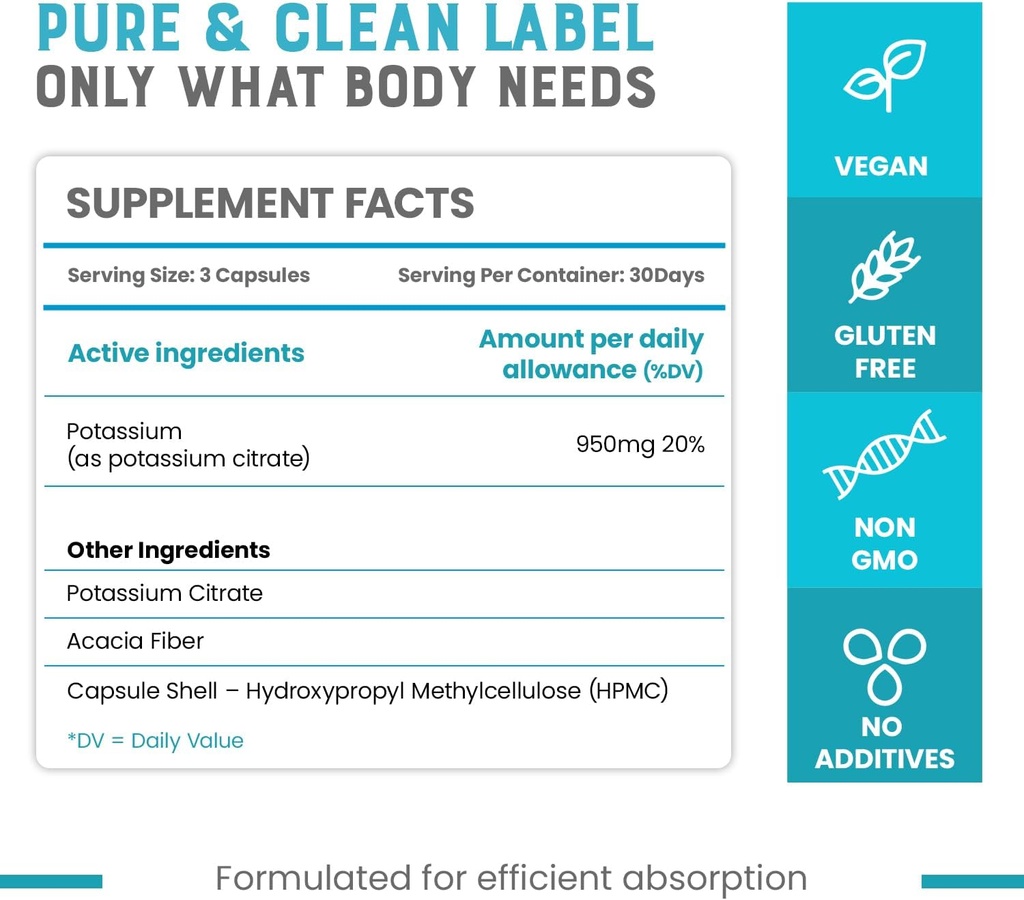 Cheers Potassium Citrate Supplement | 316mg Per Capsule | 20% Daily Value | Supports Muscle, Nerve & Heart Function | High Absorption Electrolyte for Potassium Deficiency | 90 Vegan Capsules 3