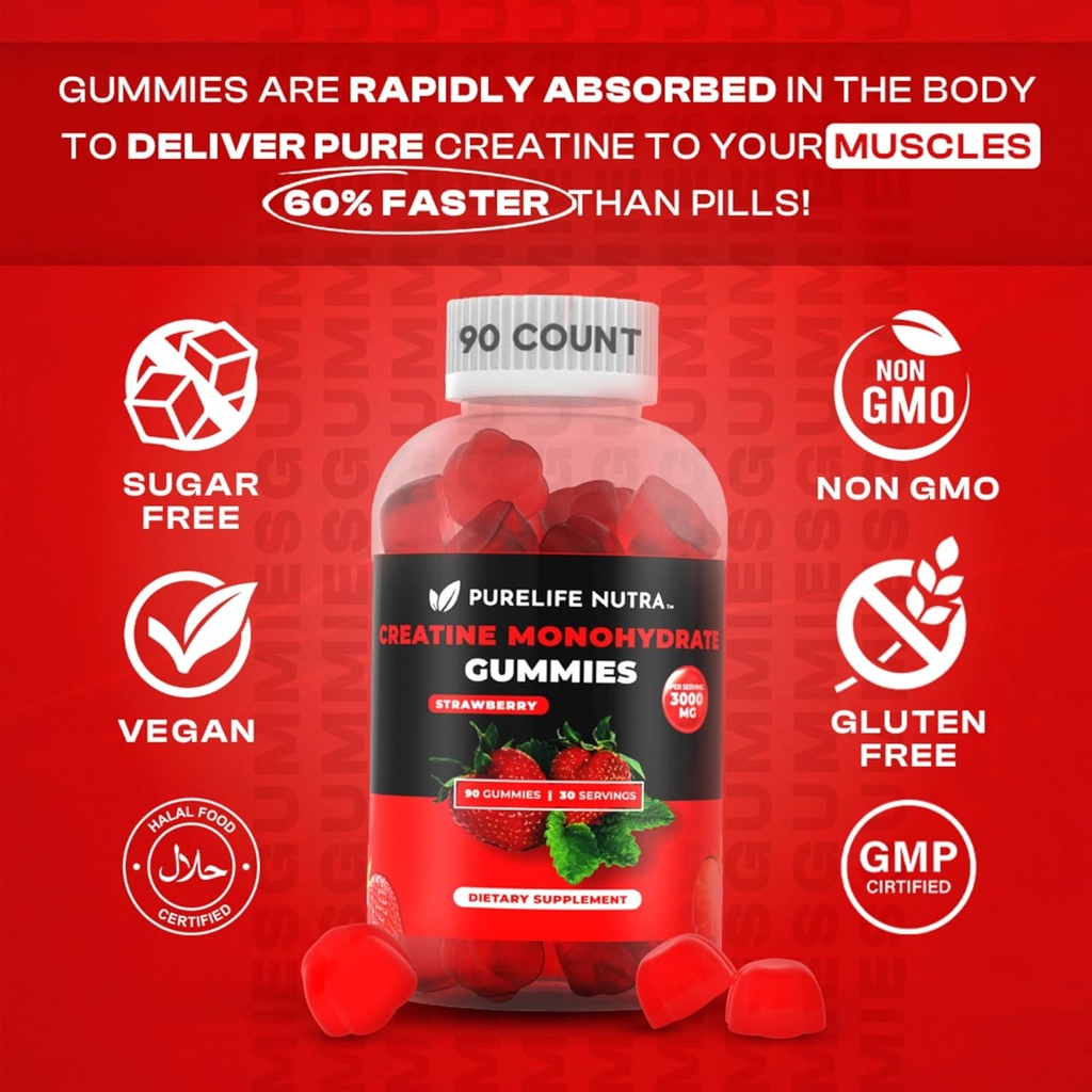 Creatine Monohydrate Gummies - 3g Serving, Sugar Free, 90 Count, Non-GMO, Designed for Men & Women, Gluten Free, Non Bloating - Vegan, Halal, Kosher. (90 Units, Strawberry) 5