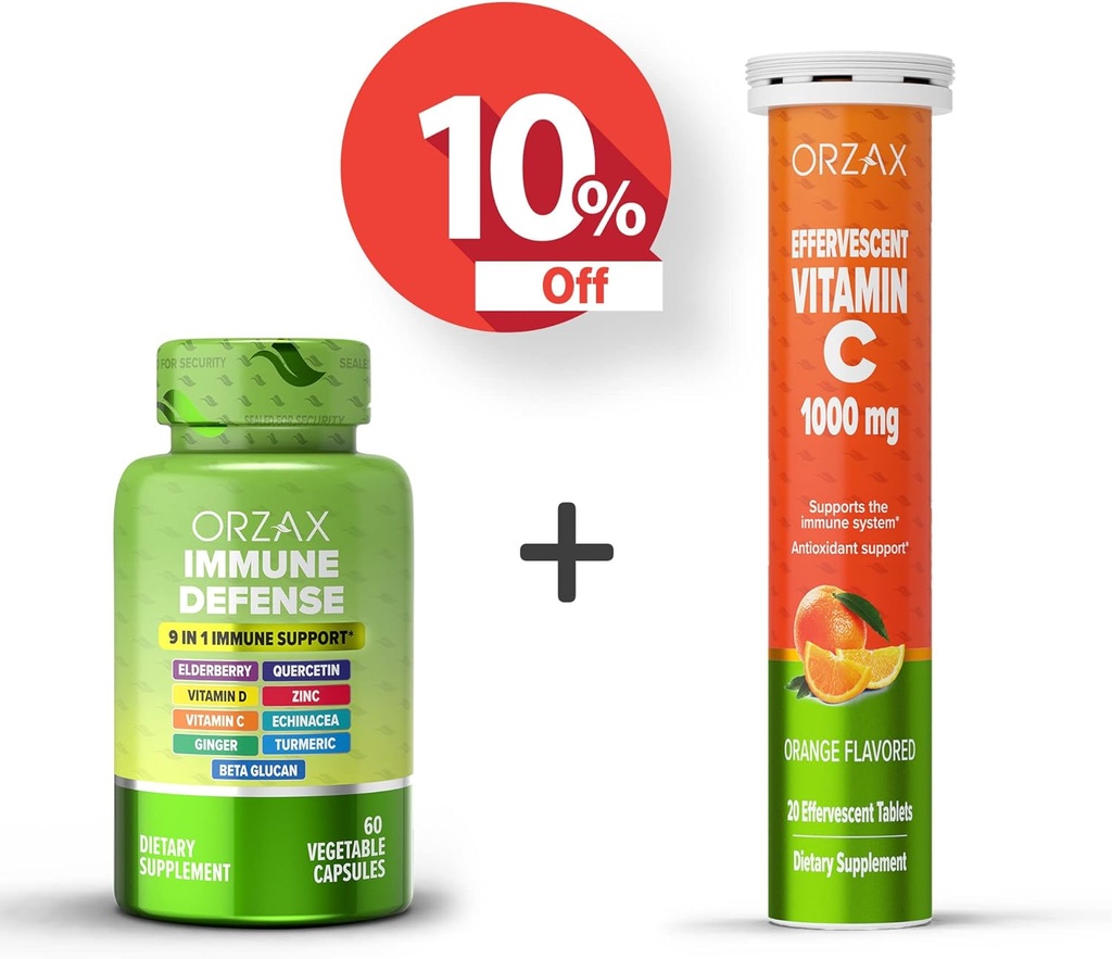 ORZAX Immune Defense 9-in-1 Supplement 60 Vegatable Capsules and Vitamin C 1000mg 20 Effervescant Tablets, Bundle 2