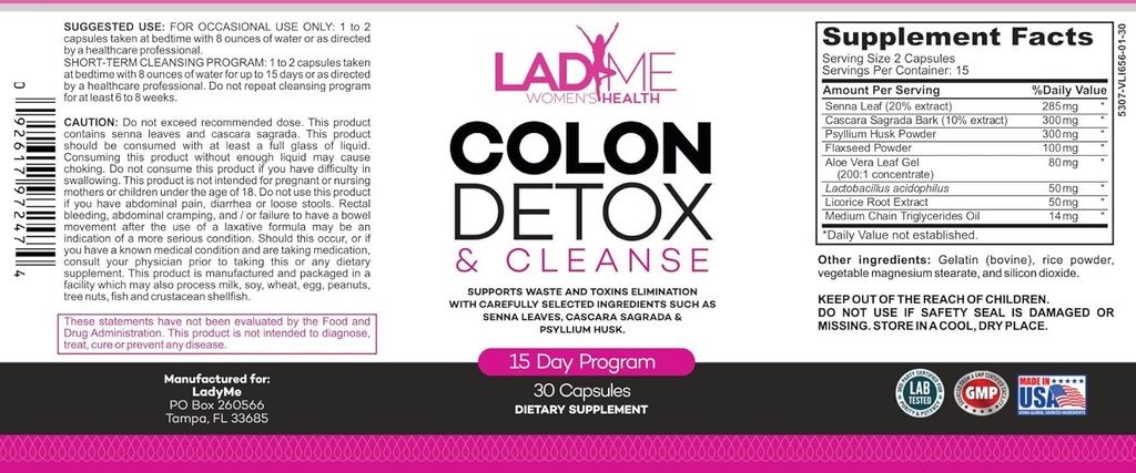 Pure Colon Cleanse & Detox 15 Day Program - Herbal Laxative Constipation Relief with Psyllium Husk, Cascara Sagrada & Senna Leaves - Special Women Intestinal Cleanser by Ladyme - 30 Capsules 6