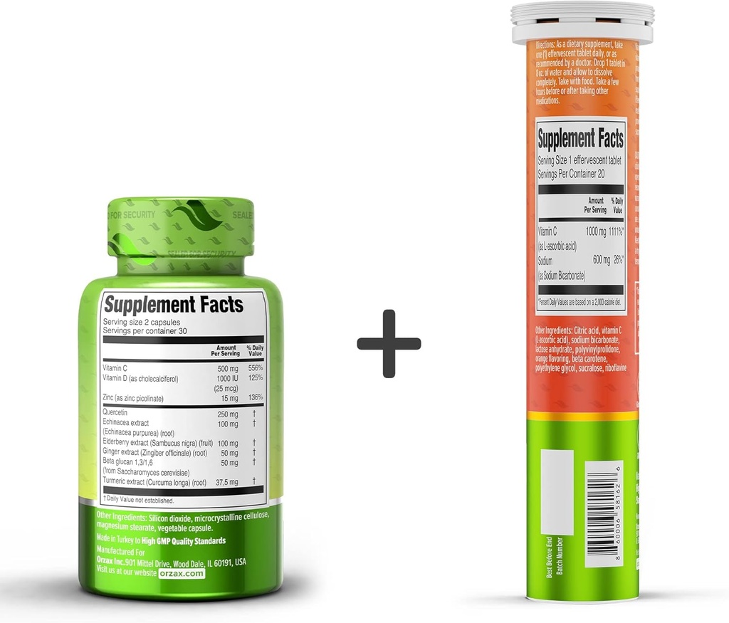 ORZAX Immune Defense 9-in-1 Supplement 60 Vegatable Capsules and Vitamin C 1000mg 20 Effervescant Tablets, Bundle 3