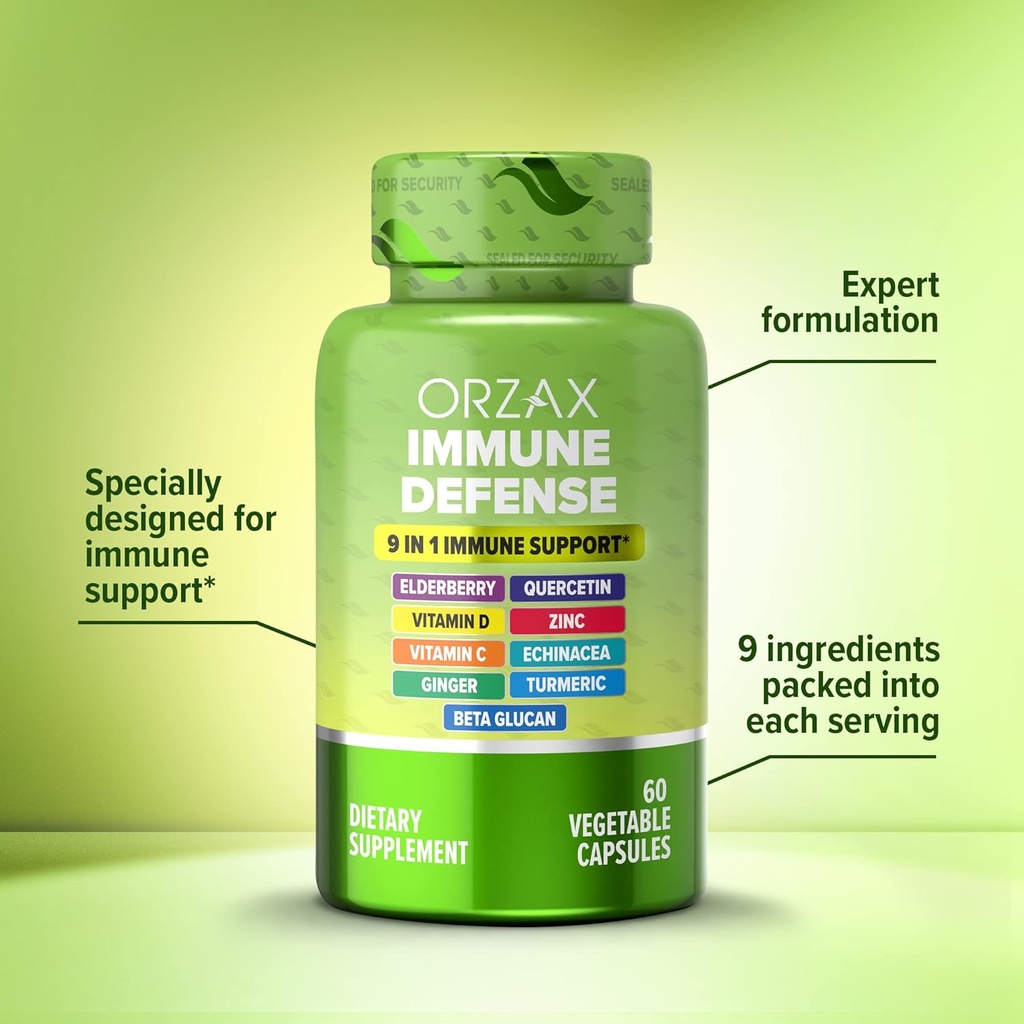 ORZAX Immune Defense 9-in-1 Supplement 60 Vegatable Capsules and Vitamin C 1000mg 20 Effervescant Tablets, Bundle 5