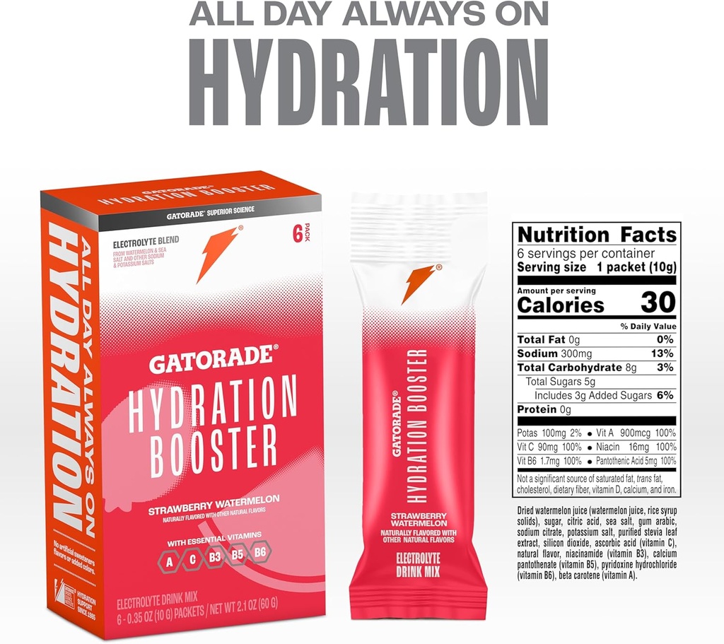 Gatorade Hydration Booster Electrolyte Drink Mix Powder Packets, Strawberry Watermelon, Advanced Electrolyte Blend, No Added Colors, No Artificial Sweeteners, Essential Vitamins A, C, B3, B5, B6, Makes 20 Fl Oz (6 Pack) 3