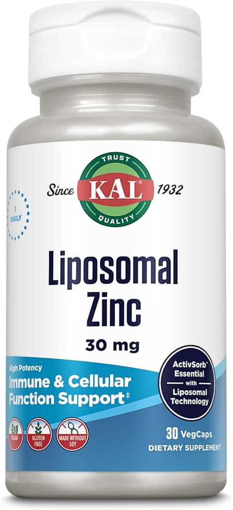 KAL Liposomal Zinc 30mg, Cellular Function and Immune Support Supplement, Enhanced Absorption Zinc Supplements, Vegan, Gluten Free, Soy Free, 30 Servings, 30 VegCaps 2