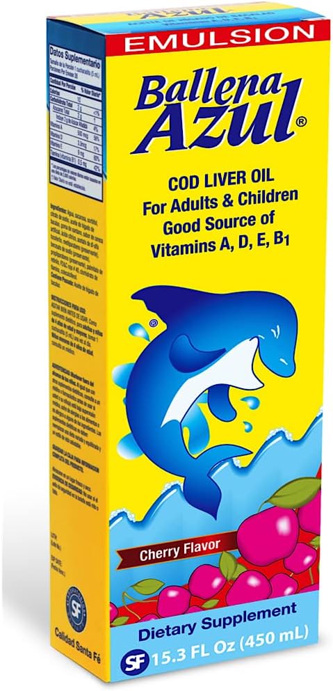 Ballena Azul Aceite de Hígado de Bacalao para Adultos y Niños, COD Liver Oil for Adults and Children,Vitamins A,D,E, B1, Dietary Supplement, Omega 3, Inmune System Boost, Cherry (Cherry 15 OZ) 3