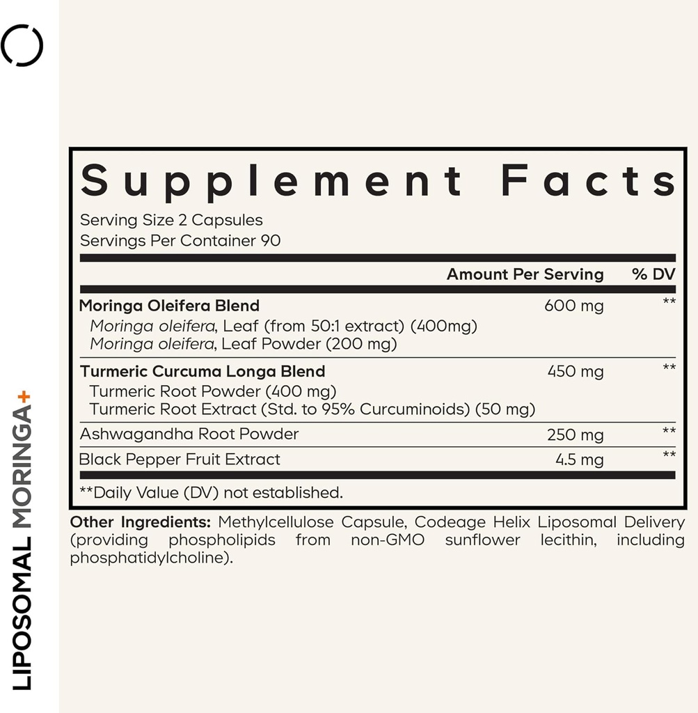 Codeage Liposomal Moringa+ Supplement, 400mg Moringa 50:1 Extract - 20,000mg Moringa Oleifera Leaf Equivalent - Turmeric, Ashwagandha, Black Pepper, 3-Month Supply, Vegan Moringa Powder - 180 Capsules 3