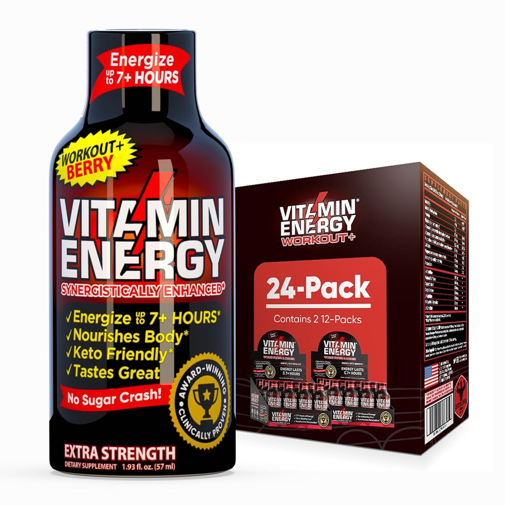 Vitamin Energy Workout+ Extra Strength Energy Shot Berry 24 Pack, 260mg Natural Caffeine, Pre-Workout, B-Vitamins, Minerals, Endurance & Performance, Zero Sugar, Gluten-Free, Vegan, 1.93 fl oz 2