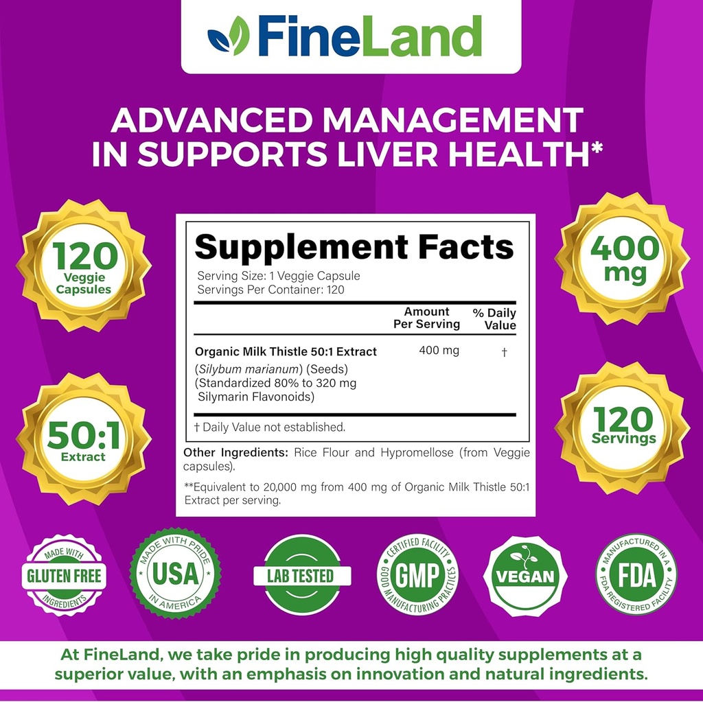 FineLand Milk Thistle Pills 50:1 Extract – 120 Vegan Capsules - 20,000 mg Strenght with 80% Silymarin Flavonoids – Liver & Antioxidant Support | 50X Concentrated Seed Extract - Non-GMO, Made in USA 6