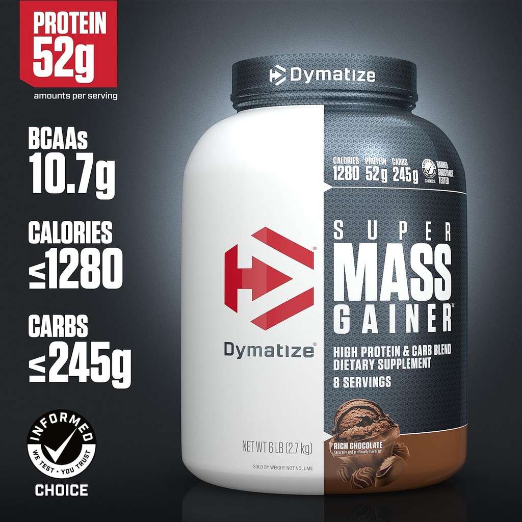 Dymatize Super Mass Gainer Protein Powder, Rich Chocolate, 52g Protein, 1g Creatine, 1280 Calories, 10.7g BCAAs, 245g Carbs, Contains Whey Protein Powder, Isolate, and Casein (8 Servings) 3