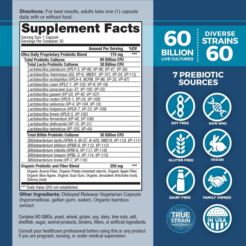 Vital Planet - Vital Flora Ultra Daily Probiotic 60 Billion CFU, Diverse Strains, Organic Prebiotics, Immune Support, Bloating Relief, Digestive Health Probiotics for Women and Men 30 Capsules 3