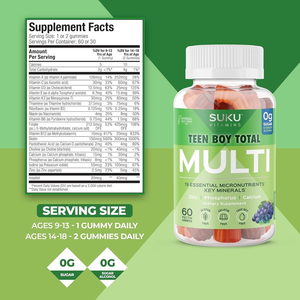 SUKU Teen Boy Multivitamin Gummies – Vitamins A, B12, C, D3, E, Zinc & Biotin – Sugar-Free Vegetarian Supplement for Energy, Growth, Immune & Bone Health – Grape Flavor – 60 Count 5