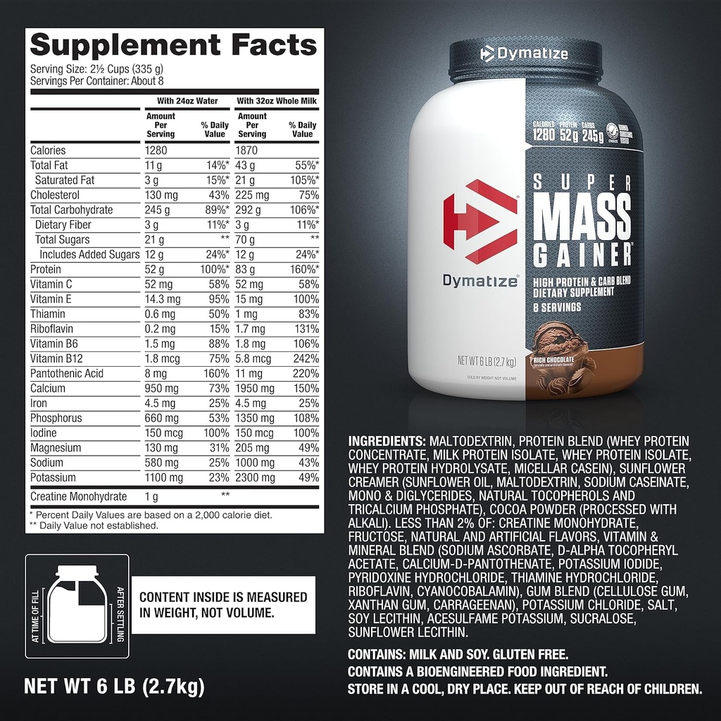 Dymatize Super Mass Gainer Protein Powder, Rich Chocolate, 52g Protein, 1g Creatine, 1280 Calories, 10.7g BCAAs, 245g Carbs, Contains Whey Protein Powder, Isolate, and Casein (8 Servings) 6