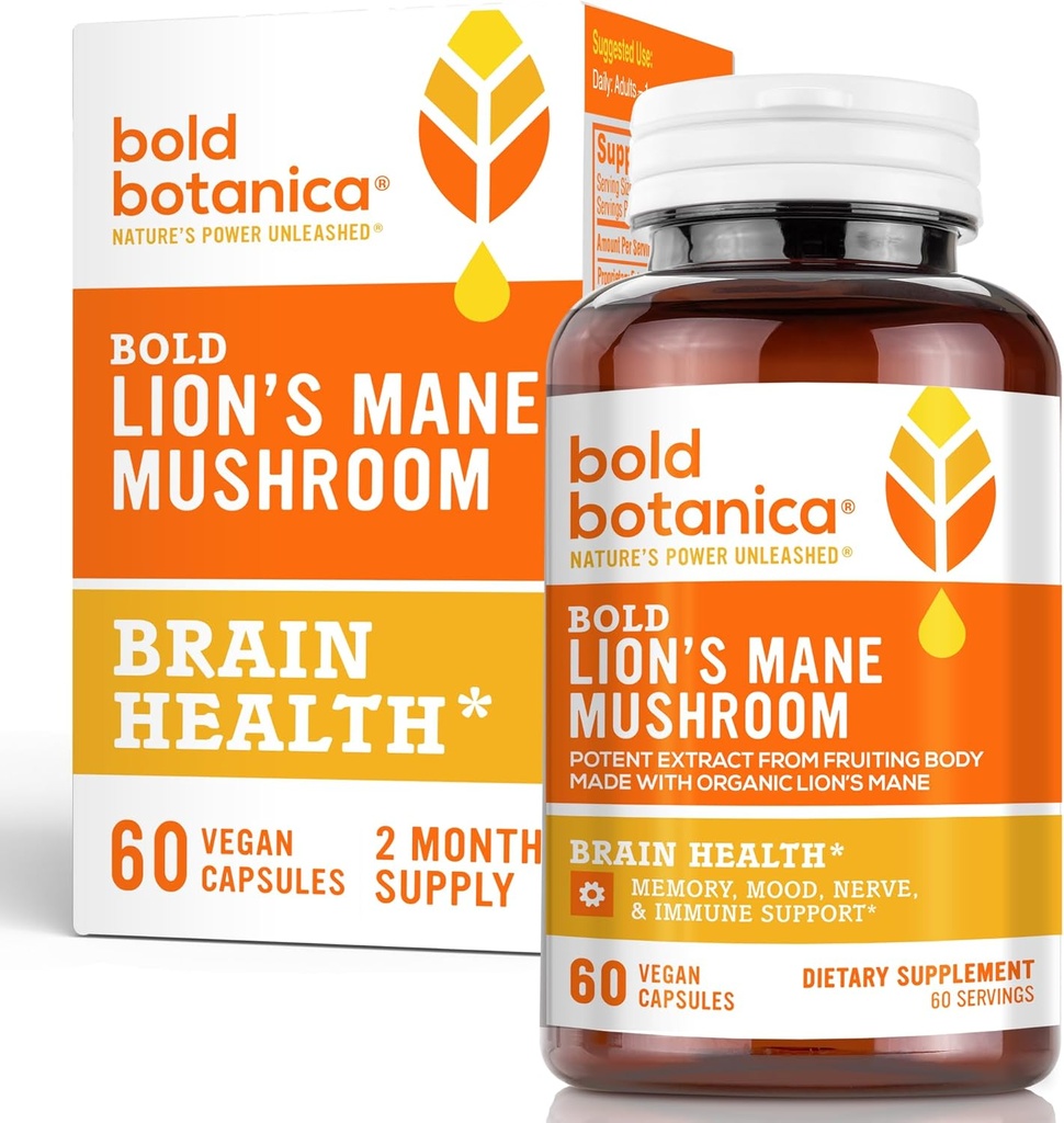 Bold Botanica Lion’s Mane Mushroom Capsules - 100% Fruiting Body – Concentrated Organic Lion’s Mane Extracts – Nootropic Brain Health – Memory, Mood, Immune Support – 60 Vegan Capsules 2