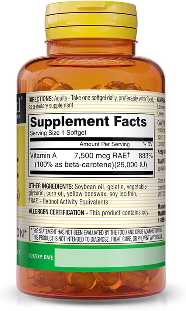 MASON NATURAL Vitamin A Beta Carotene 25,000 IU - Supports Healthy Vision, Cell Function & Immune Function, 100 Softgels 3