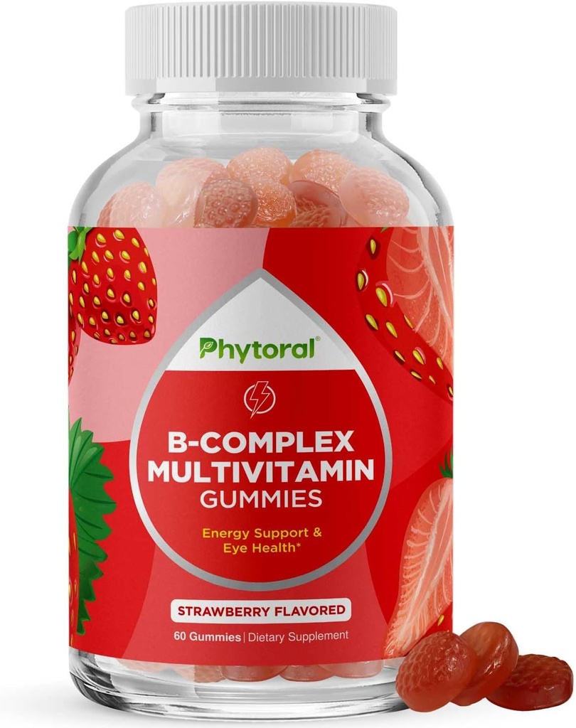 Vitamin B Complex Gummies for Adults & Kids - B Vitamins Complex with Thiamin, Riboflavin, Niacin, 6, 12 and Folate - Blend Supplement for Nervous System Support Energy & High Strength - 60 Gummies 2