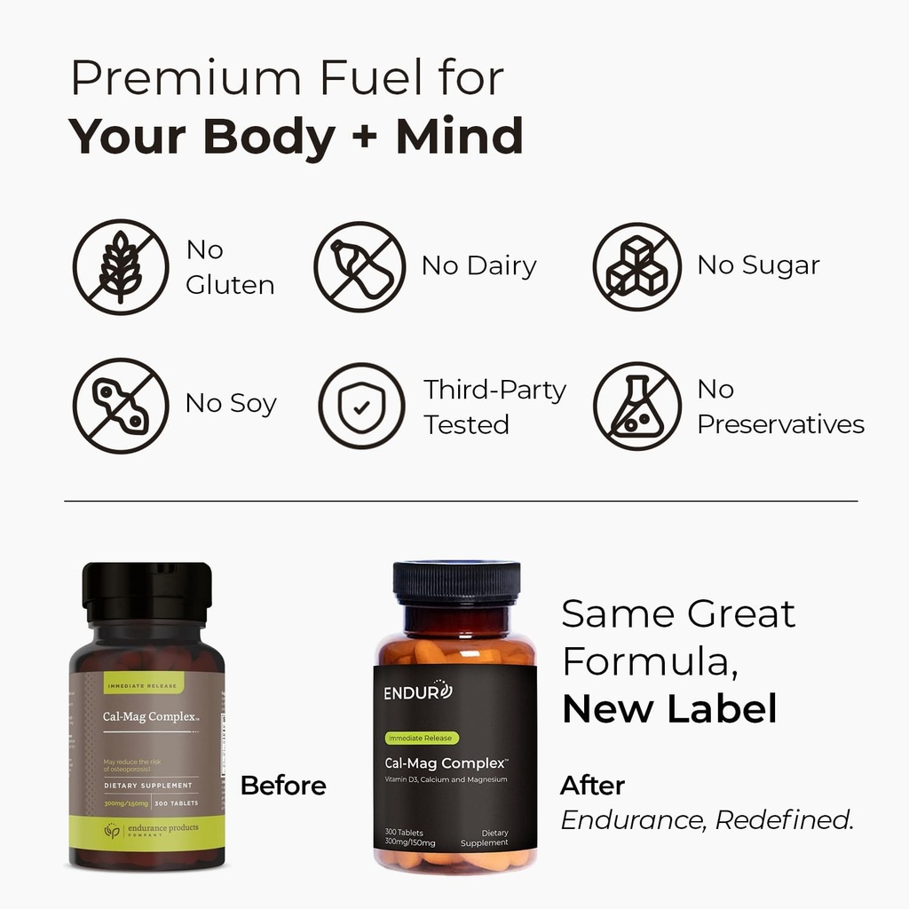 Endur Cal-Mag Complex, Bone & Heart Support for Active Lifestyles, Calcium and Magnesium with Vitamin D3, Gluten Free, 300 Tablets 4