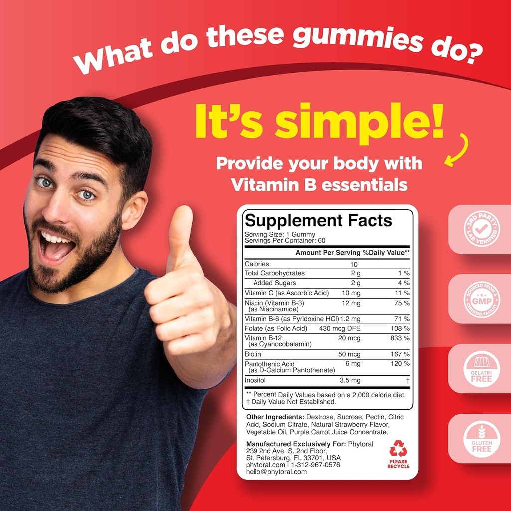 Vitamin B Complex Gummies for Adults & Kids - B Vitamins Complex with Thiamin, Riboflavin, Niacin, 6, 12 and Folate - Blend Supplement for Nervous System Support Energy & High Strength - 60 Gummies 4