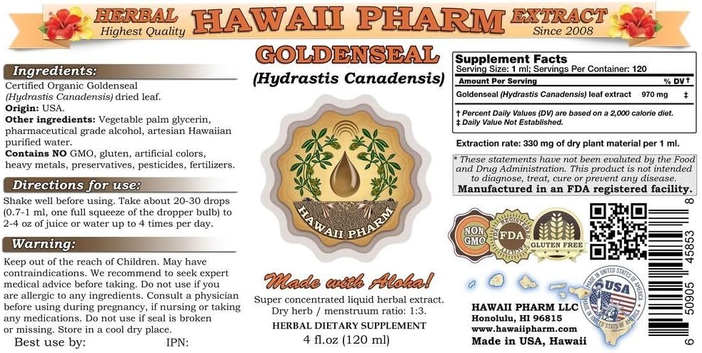 HawaiiPharm Goldenseal Liquid Extract, Organic Goldenseal (Hydrastis Canadensis) Tincture Supplement 4 oz 3