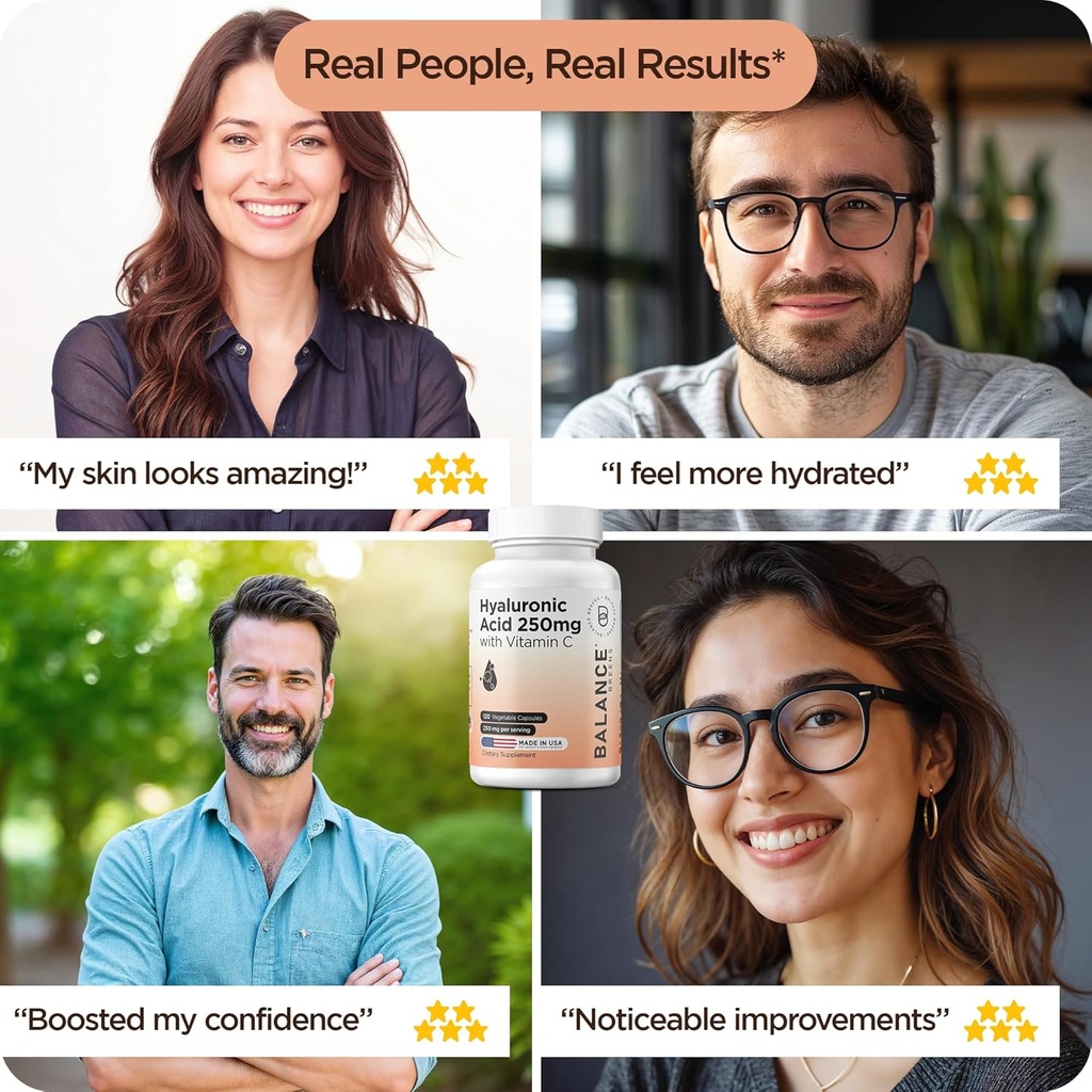 Pure Hyaluronic Acid Supplement 250mg with Vitamin C 50mg, 120 Vegan Capsules - Skin Hydration for Natural Glow, Hair, Nails, Bone & Joint Health Formula 6